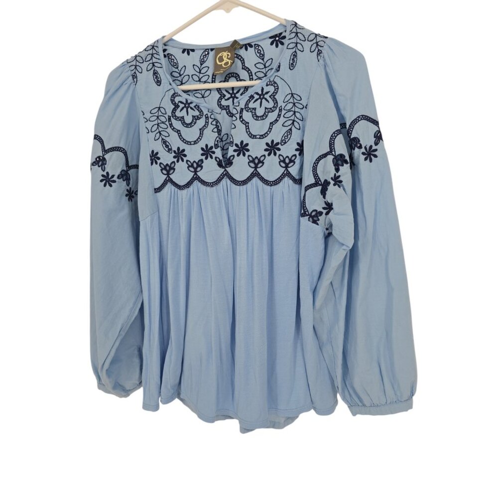 Anthropologie One September Medium Blue Paulette Embroidered Eyelet Peasant Top - Picture 2 of 5